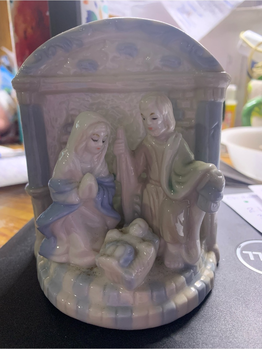 Vintage One Piece Glazed Ceramic Nativity Scene The Holy Family